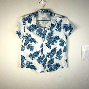 Boys 11/12 SHEIN Tropical Hawaiian Leaf Shirt Blue Green Short Sleeve Button Up